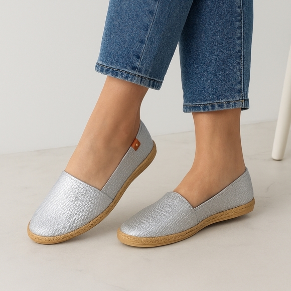 Moleca Shoes - Moleca Comfy Silver Espadrille Women Flats Slip On Shoes Size 8